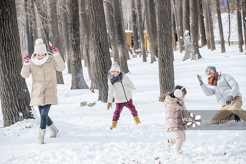 雪地里打雪仗的快乐家庭图片素材