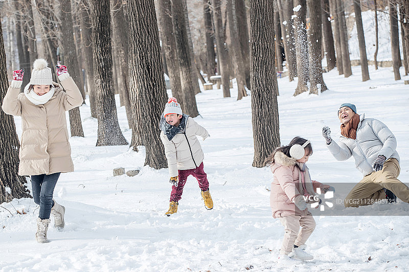 雪地里打雪仗的快乐家庭图片素材