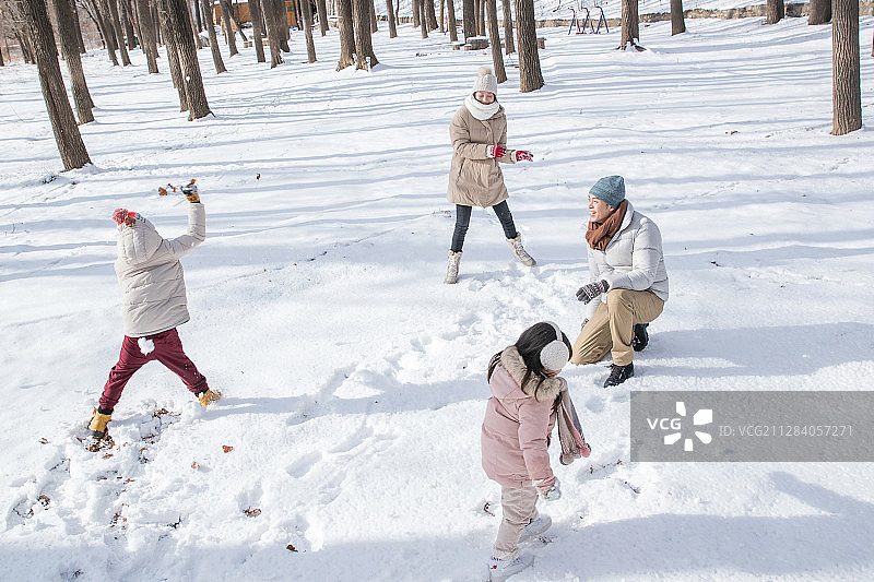 雪地里打雪仗的快乐家庭图片素材