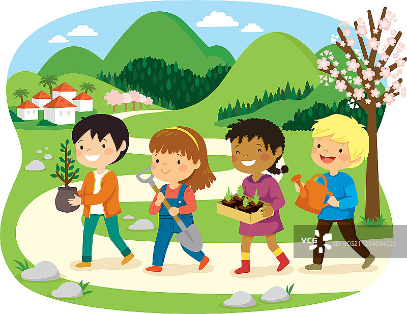 孩子们在植树节种树图片素材