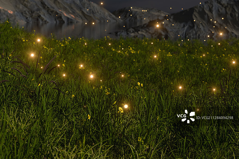 草丛里的萤火虫 3D渲染图片素材