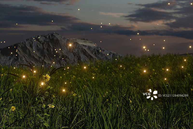 草丛里的萤火虫 3D渲染图片素材