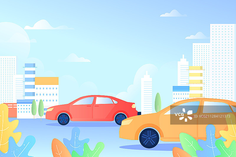 卡通汽车出行礼包互联网金融活动自驾游服务风景背景渐变矢量插画图片素材