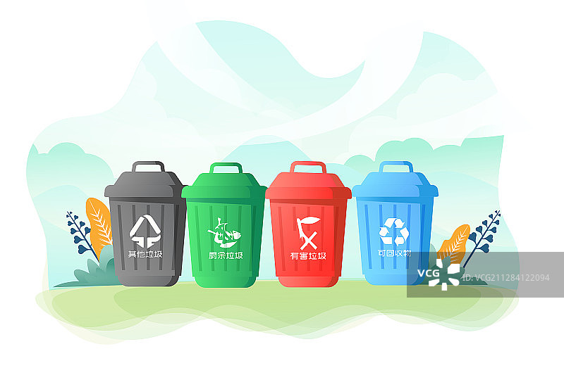 卡通垃圾分类归类环保环境保护生活方式自然背景渐变矢量插画图片素材