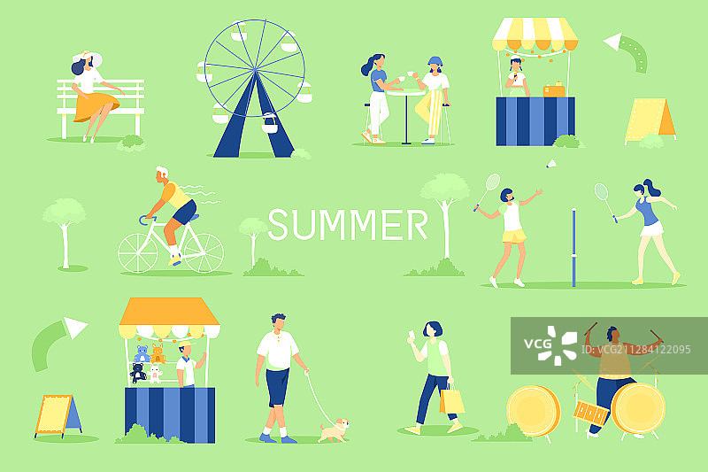 卡通夏季青年人出行出游户外运动游乐园休闲娱乐轻松生活矢量插画图片素材