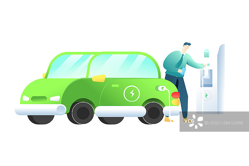 卡通新能源汽车出行活动自驾游服务充电桩风景背景渐变矢量插画图片素材