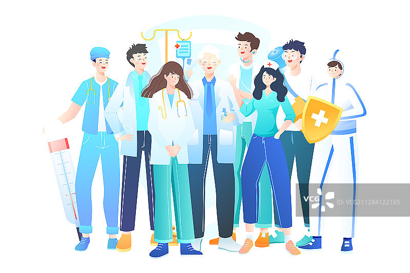 卡通医生医师节护士节医护团队人群医疗健康看病治疗保险矢量插画图片素材