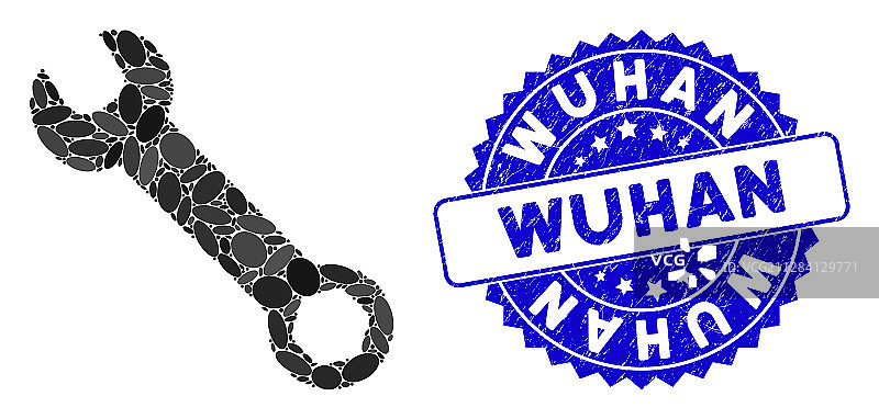 带有颗粒武汉印章的马赛克扳手图标图片素材