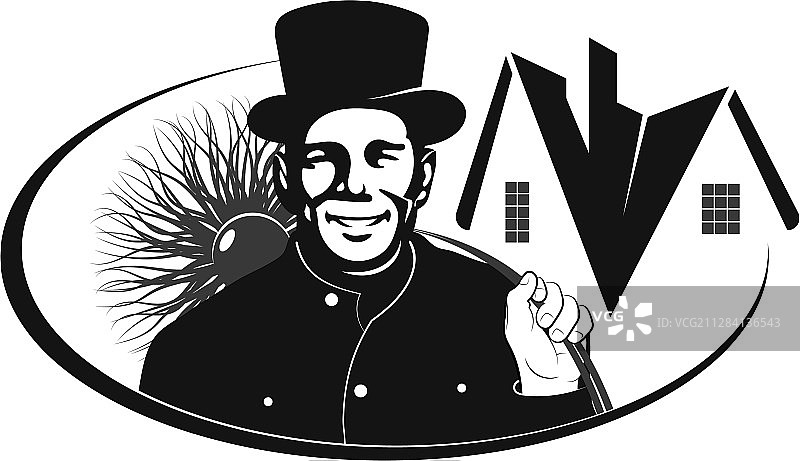 穿着制服和房屋轮廓的烟囱清扫工图片素材