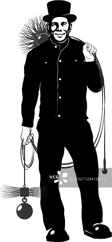 带有烟囱清洁工具的烟囱清扫工图片素材