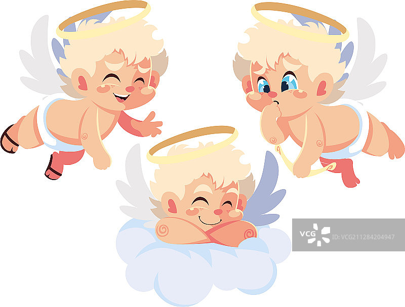白色背景上不同姿势的可爱丘比特天使图片素材
