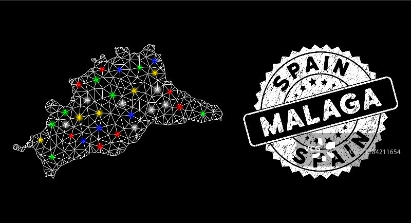 带闪光点的明亮网状线框马拉加省地图图片素材