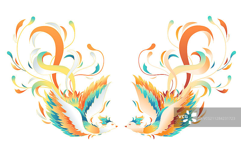 凤凰不死鸟对称图案动物飞翔中国风国潮背景矢量插画图片素材