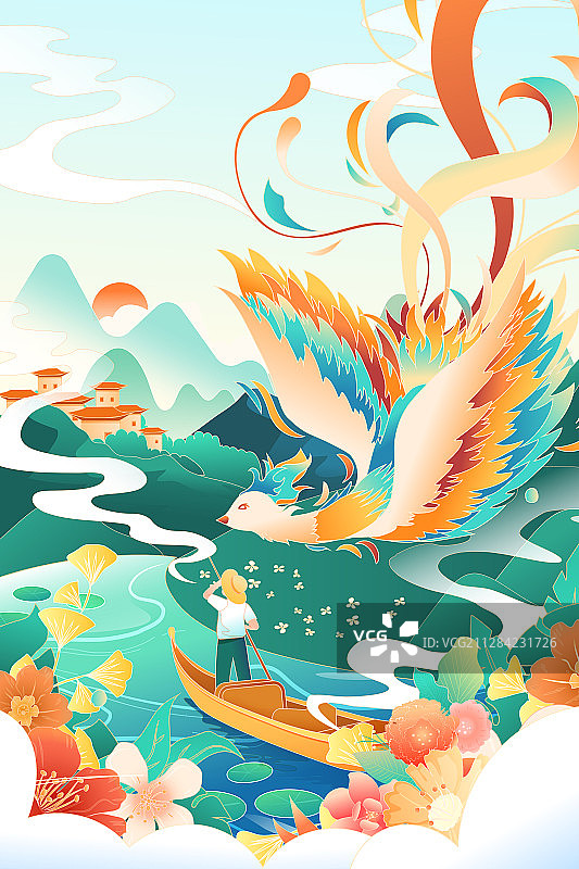 夏季夏至节气凤凰不死鸟动物飞翔自然风景中国风国潮背景矢量插画图片素材