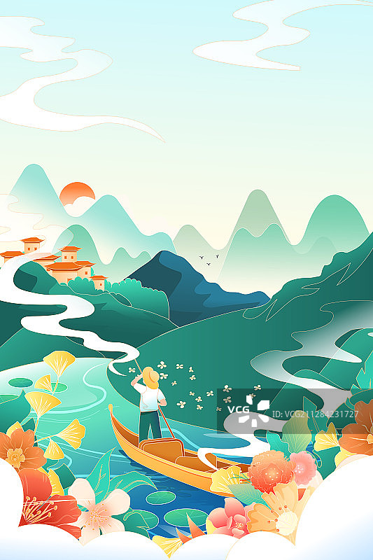 夏季夏至节气凤凰不死鸟动物飞翔自然风景中国风国潮背景矢量插画图片素材