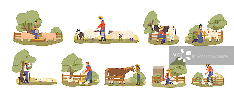 卡通农民照料农作物套装图片素材