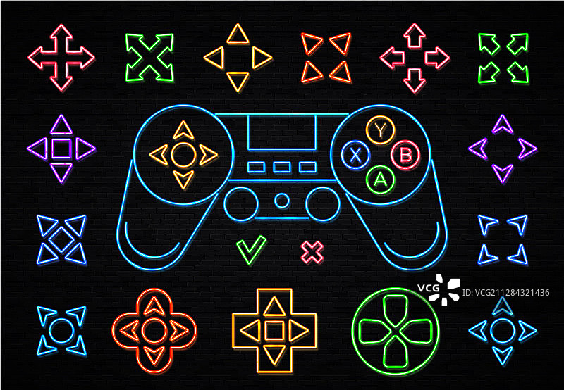 深色背景上的霓虹操纵杆图标集图片素材