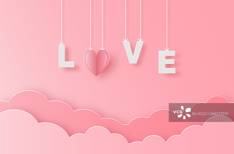 粉色纸质爱心与文字吊带图片素材