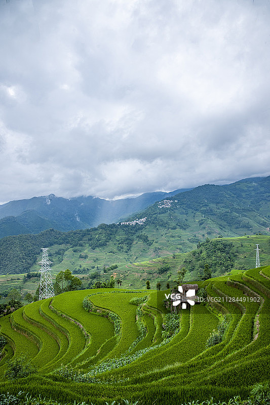 云南省红河州红河县阿扎河乡切龙中寨村远眺哀牢山梯田图片素材