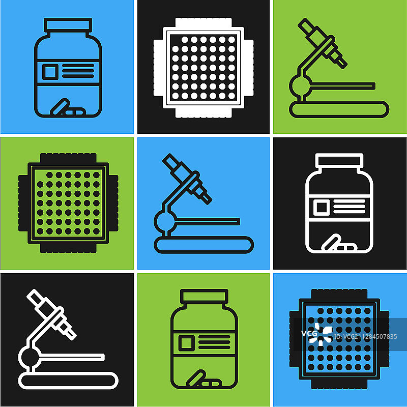 药瓶、药丸和显微镜组合图片素材