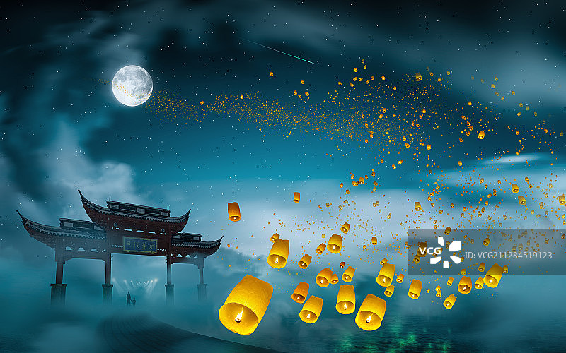 孔明灯中秋节西湖风光图片素材