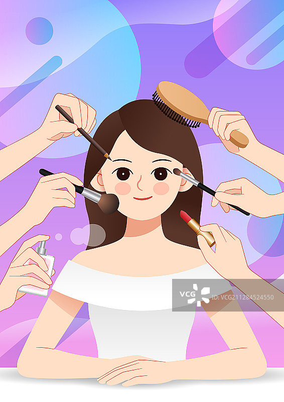 一个正在化妆的女性和渐变图形背景图片素材