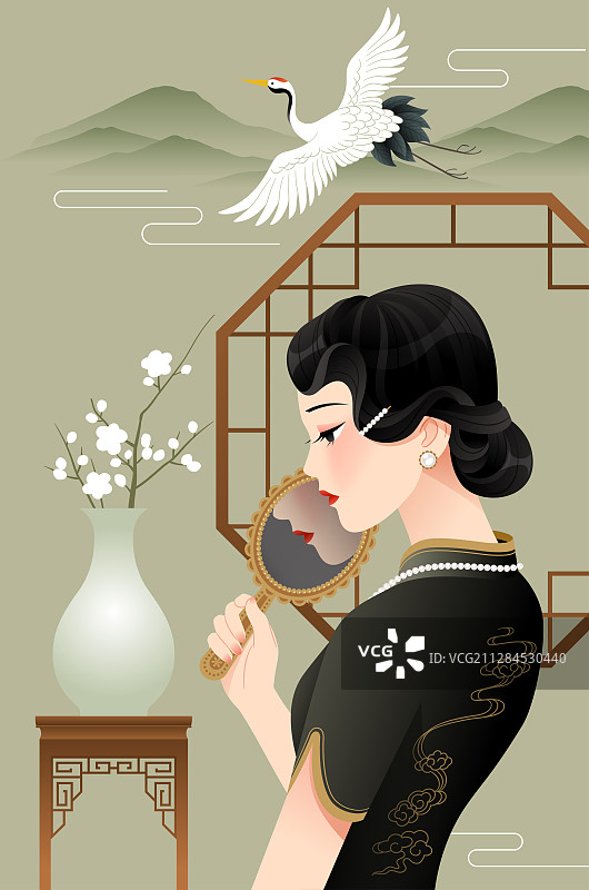 一个拿着镜子的旗袍女性和仙鹤花瓶等背景图片素材