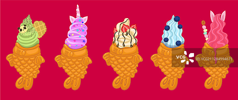 五款鲷鱼烧冰淇淋图案图片素材
