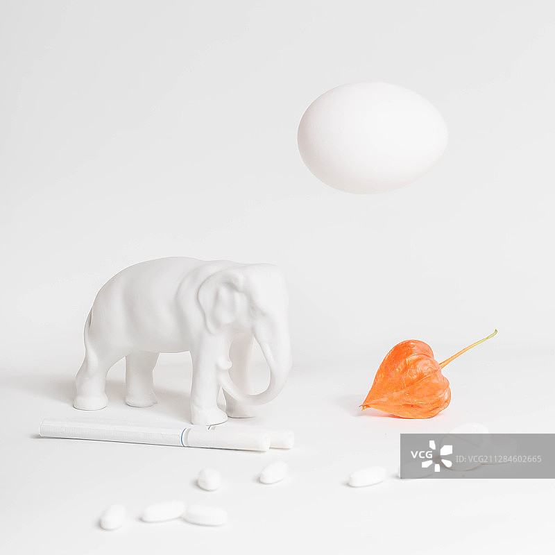 白色元素静物：大象、鸡蛋、香烟、药品和一个橙色元素：酸浆果，俄罗斯图片素材