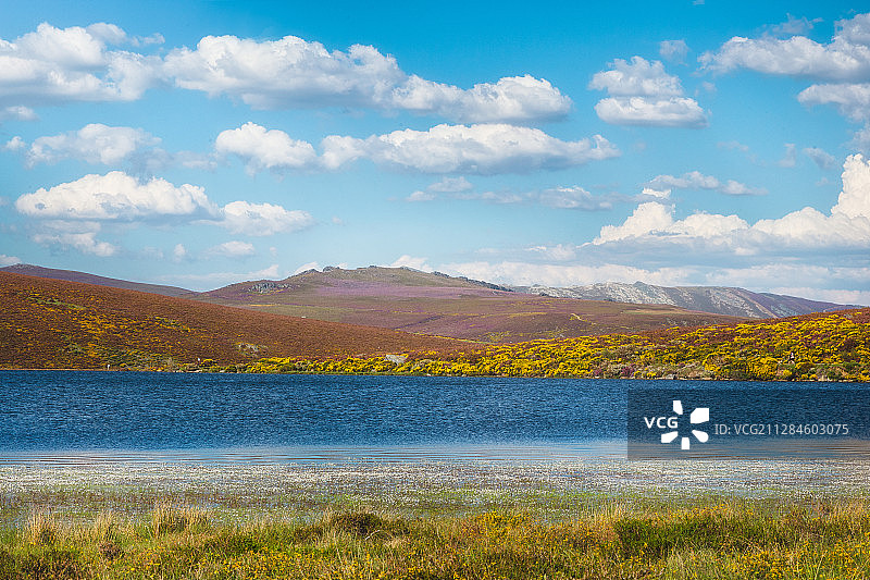 西班牙卡斯蒂利亚-莱昂省拉古纳德耶瓜斯湖泊及周边丘陵美景图片素材