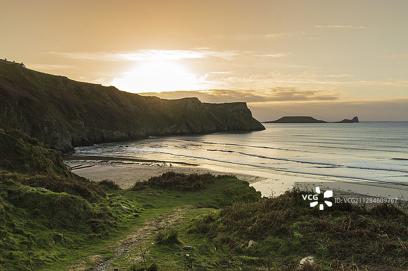 英国威尔士卡马森郡伯里港 Rhossili 海滩景色图片素材
