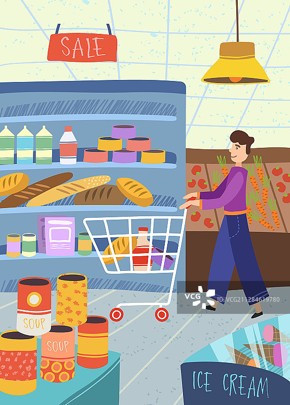 男人推着购物车进行食品杂货购物图片素材