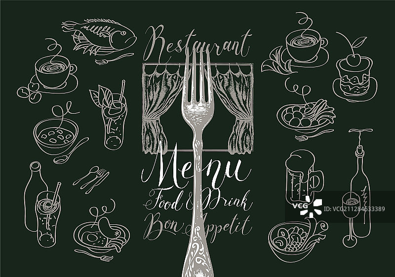 菜肴叉子素描餐厅菜单图片素材