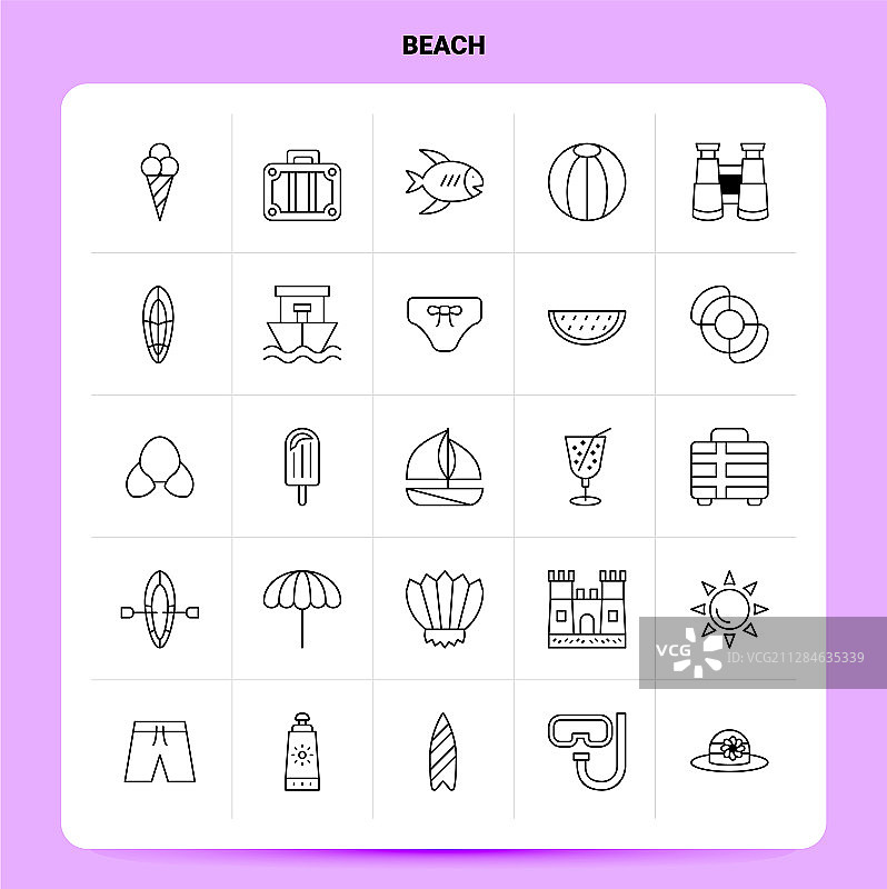 25个海滩轮廓图标黑色线性风格设计图片素材