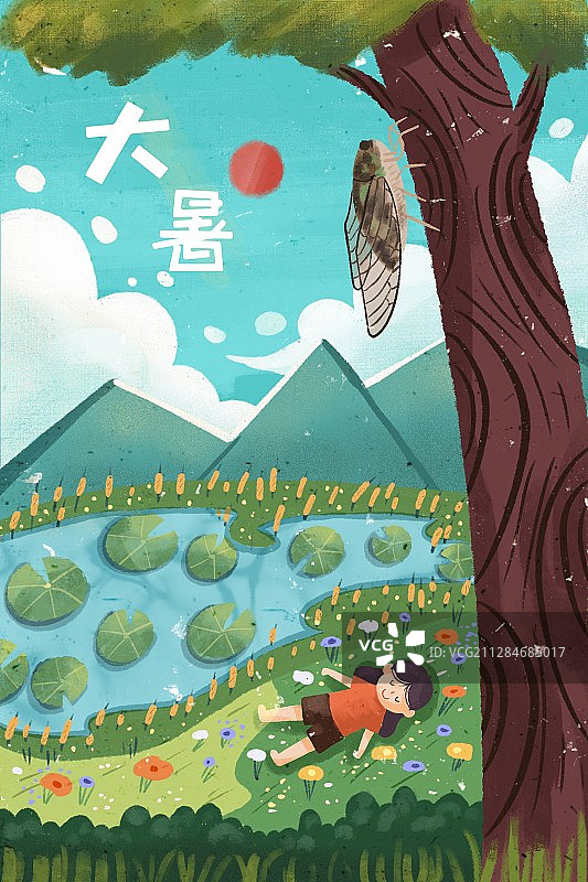大暑24节气小女孩躺在河边草坪上乘凉图片素材