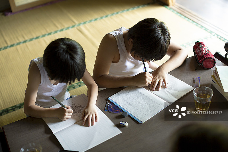 男孩在暑假做作业图片素材