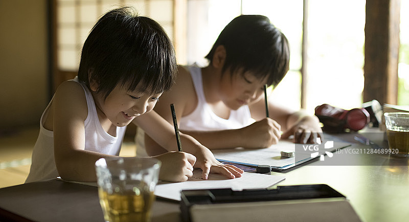 男孩在暑假做作业图片素材