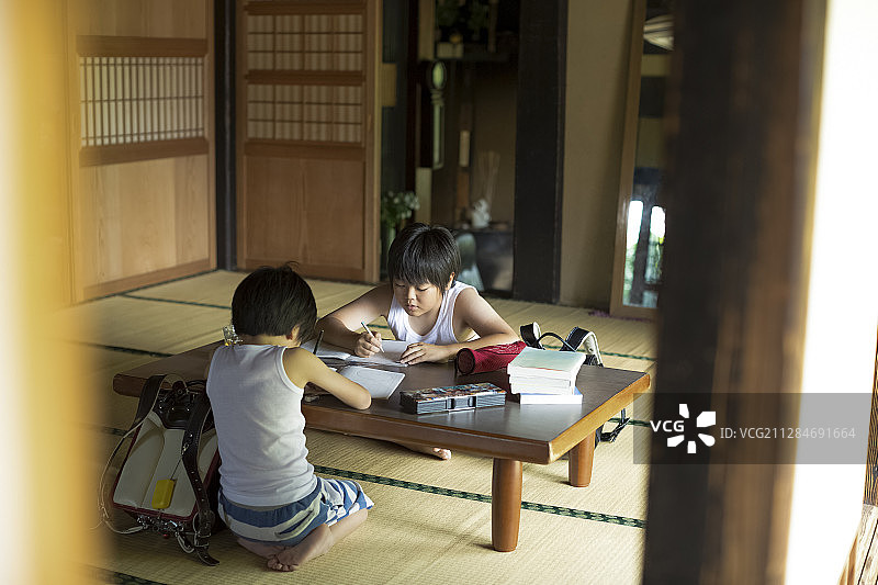 男孩在暑假做作业图片素材
