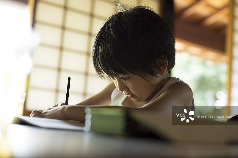 男孩在暑假做作业图片素材