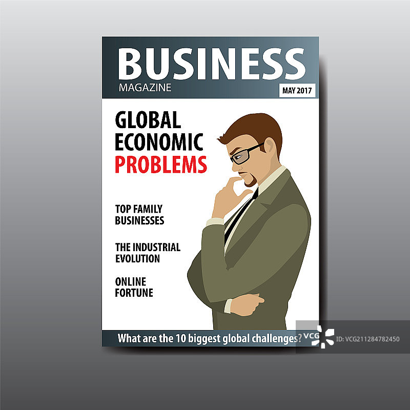 拿着空白杂志封面的思考的商人图片素材