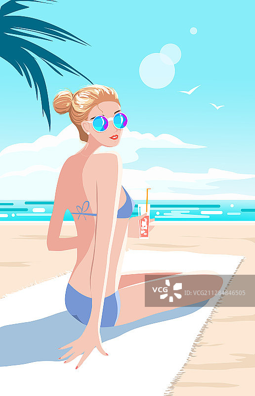 夏季海滨沙滩性感比基尼女人插画图片素材