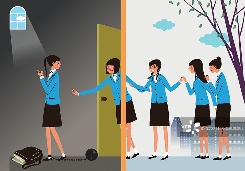 一群女学生帮助孤独的学生图片素材