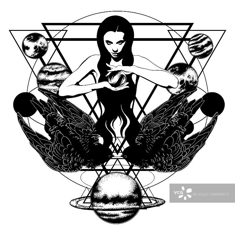 手绘女人与雨燕图片素材