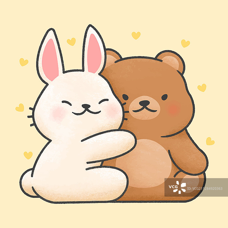 手绘可爱兔子和小熊情侣卡通图片素材