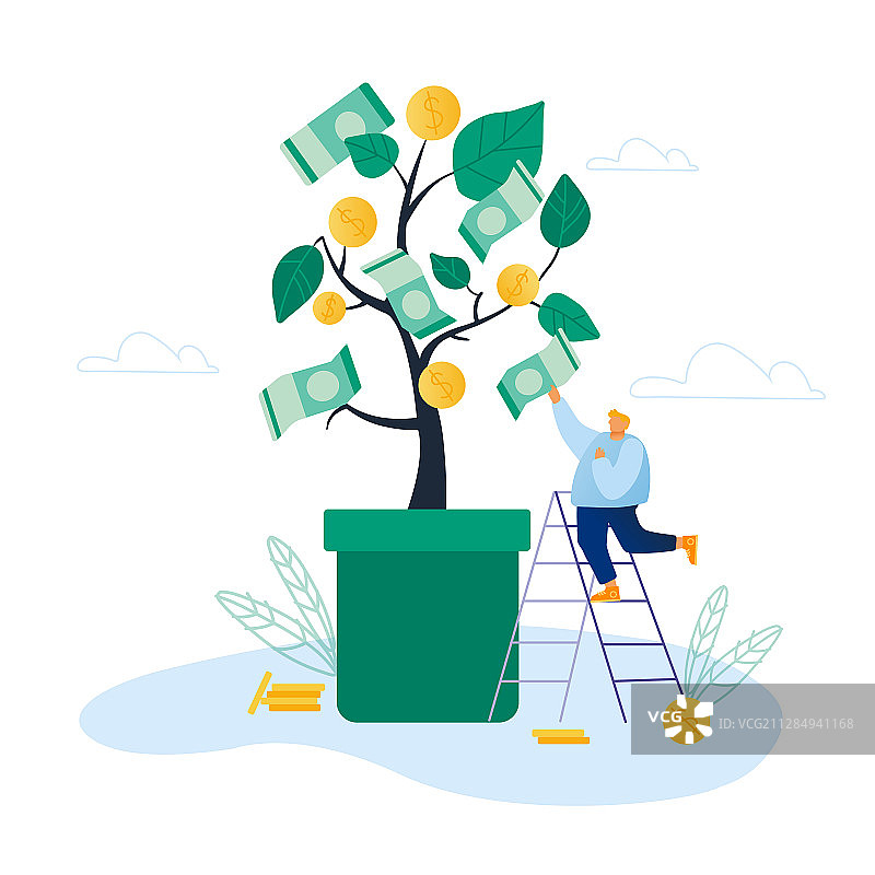 商人站在梯子上摘美元钞票图片素材