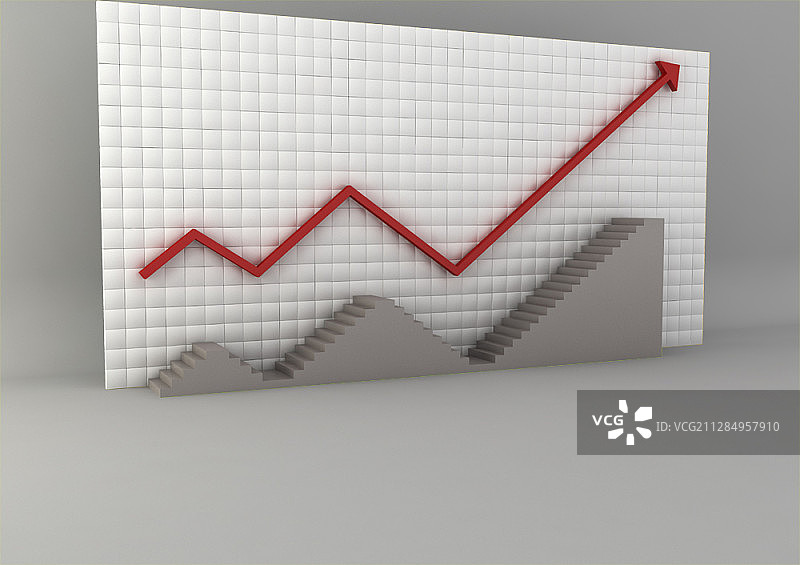 白色坐标纸上的红色上升趋势图和灰色阶梯3D图图片素材