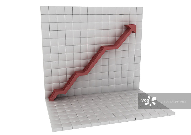 白色坐标纸上红色上升趋势波动图的3D图示图片素材