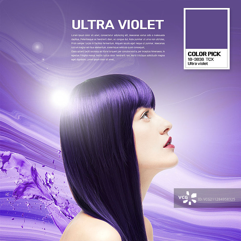 2018年度流行色：紫外光色，白人女性的合成图像，紫外光色头发图片素材