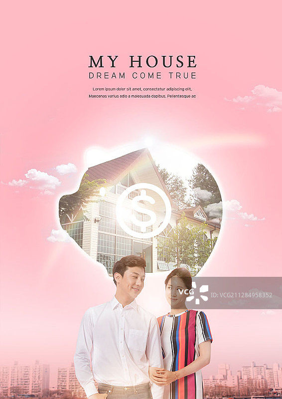 年轻亚洲情侣与美元符号储蓄罐的数字合成图像图片素材