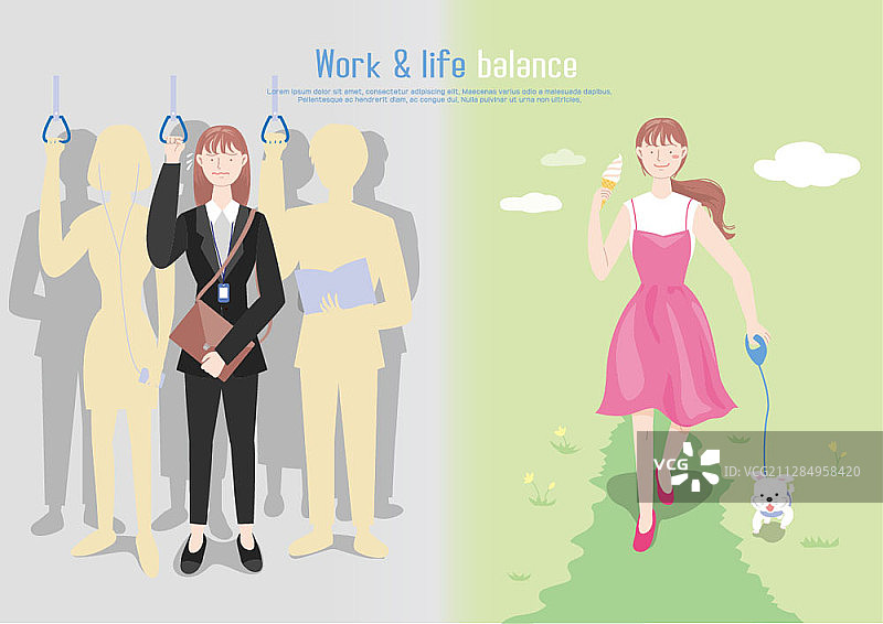 地铁里的职业女性与遛白狗的女人，兼顾工作与家庭的矢量插画图片素材